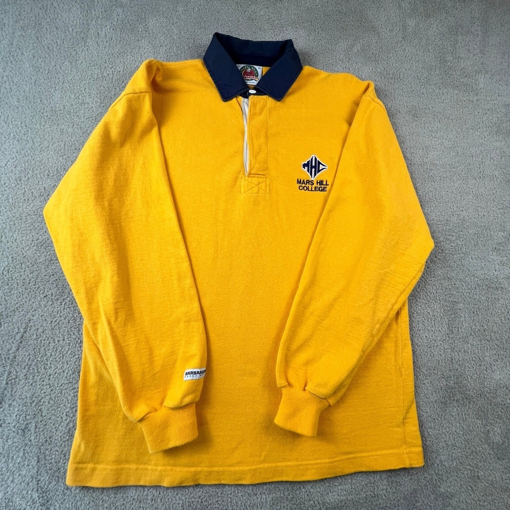 VTG Rugby Shirt Barbarian Mars Hill College Mens XL Yellow Long Sleeve Polo Wear